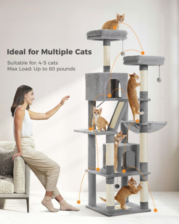 Cat tree with multiple cats on a light gray background