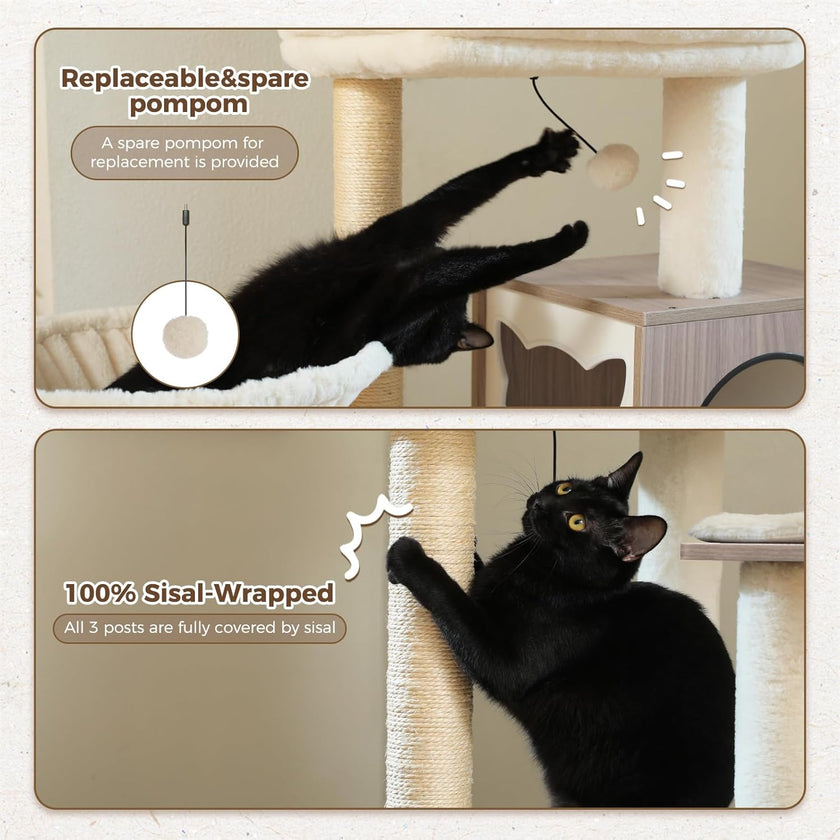 Cat playing with a scratching post and a replaceable spare pom-pom, with text indicating sisal-wrapping.