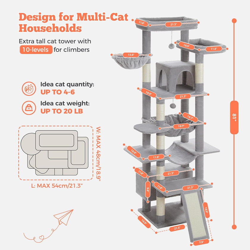 Cat tree with multiple levels and features for climbers, suitable for multi-cat households.