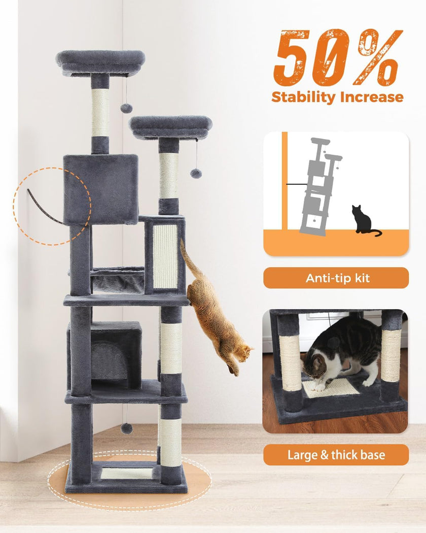 Cat tree with stability increase features and cat climbing on it