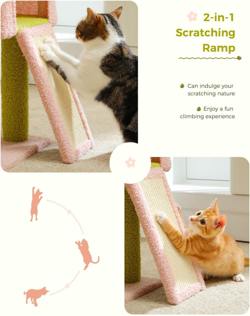 Cat using a 2-in-1 scratching ramp with text highlighting its features.