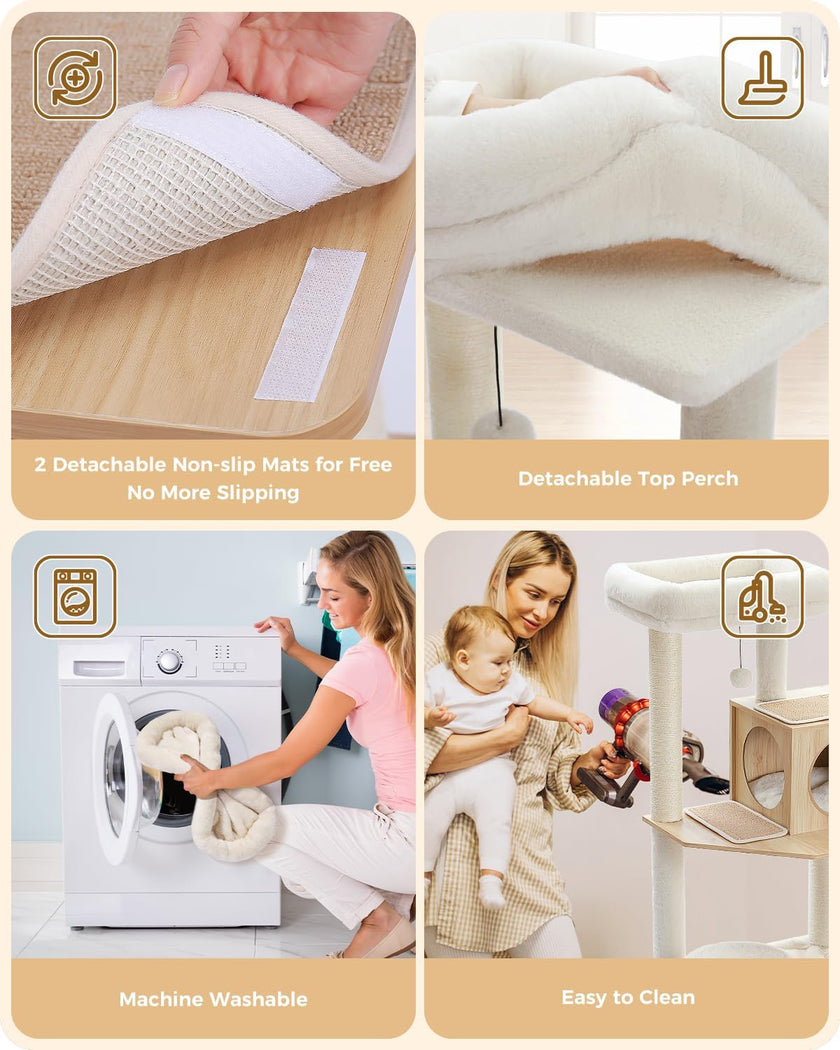 Collage of a product with features like non-slip mats, detachable top perch, machine washability, and ease of cleaning.
