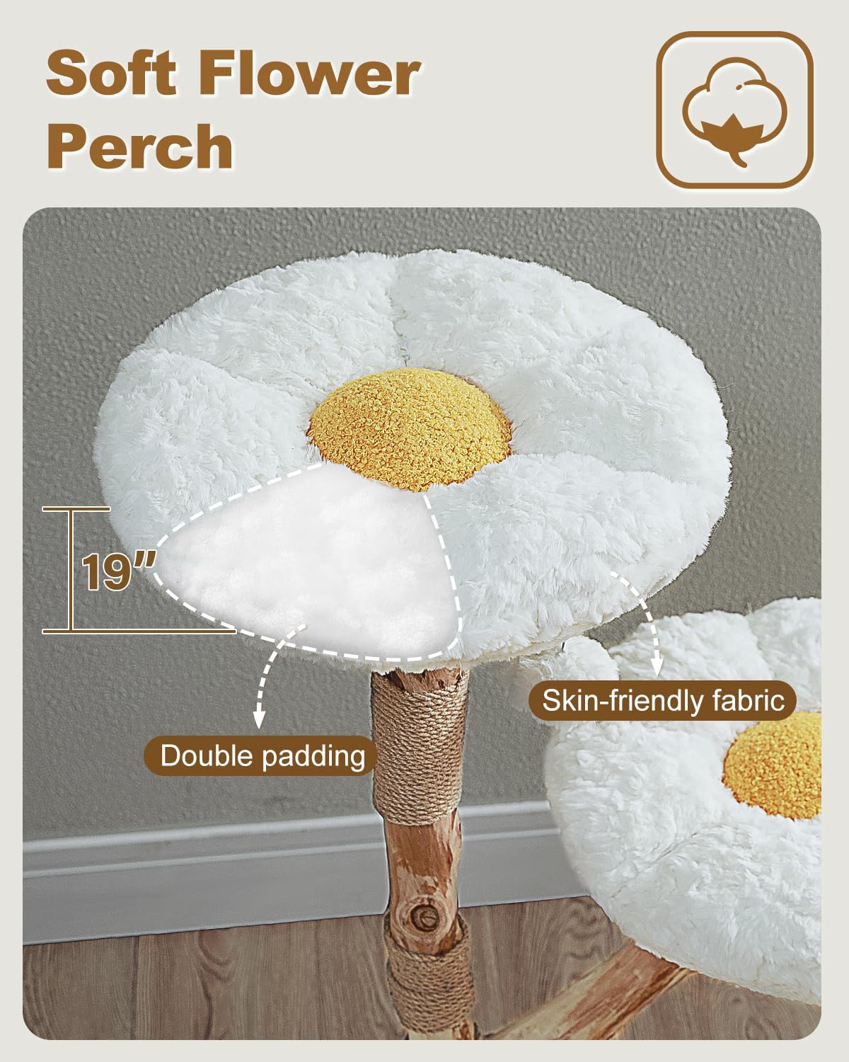Catopia Co. luxury wooden cat tree featuring soft, double-padded flower perch with skin-friendly plush fabric, designed in Canada
