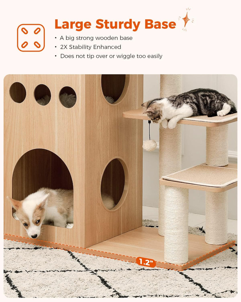 Wooden pet play structure with cat and dog, labeled 'Large Sturdy Base'.