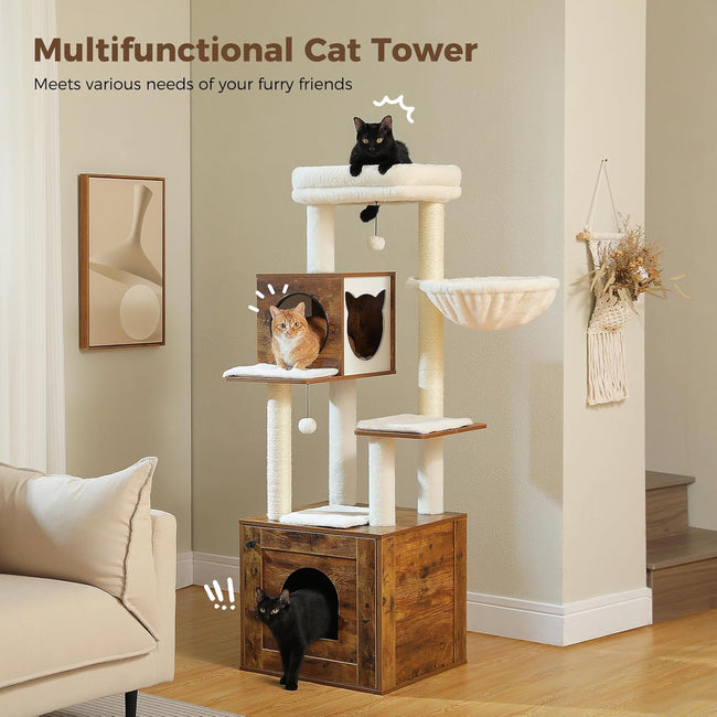 Multifunctional cat tree with rustic cube condo, hammock, plush top perch, and sisal posts—crafted by Catopia Co. for stylish and cozy Canadian homes.