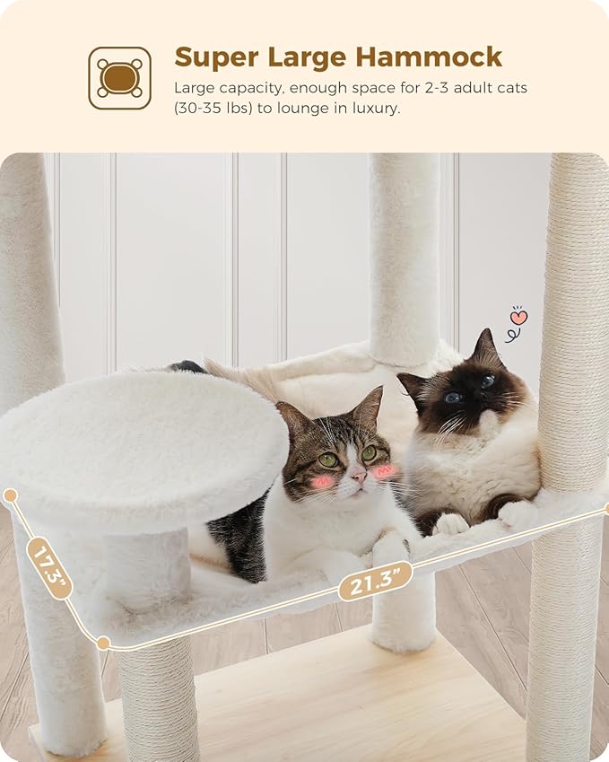 Super large cat hammock with two cats lounging inside, featuring dimensions and capacity details.