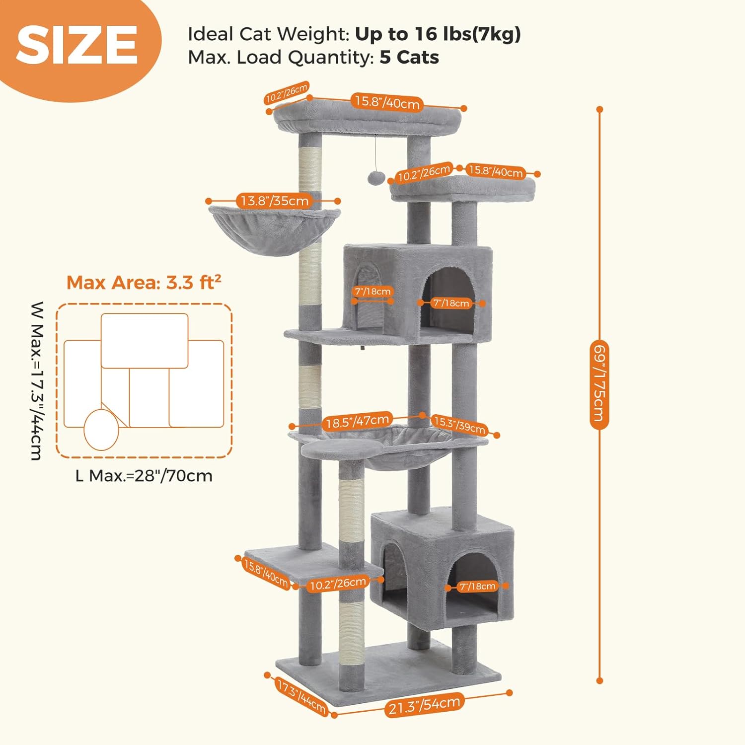 Size guide for Catopia Co.’s grey modern cat tower. Designed for cats up to 16 lbs, supporting up to five cats. Ideal for modern cat condos in Canada. Canadian local business, ships only within Canada. Keywords: modern cat tower, tall cat furniture, cat furniture Canada.