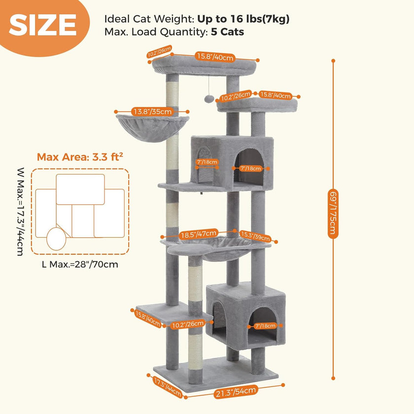 Cat tree with dimensions and weight capacity information on a white background