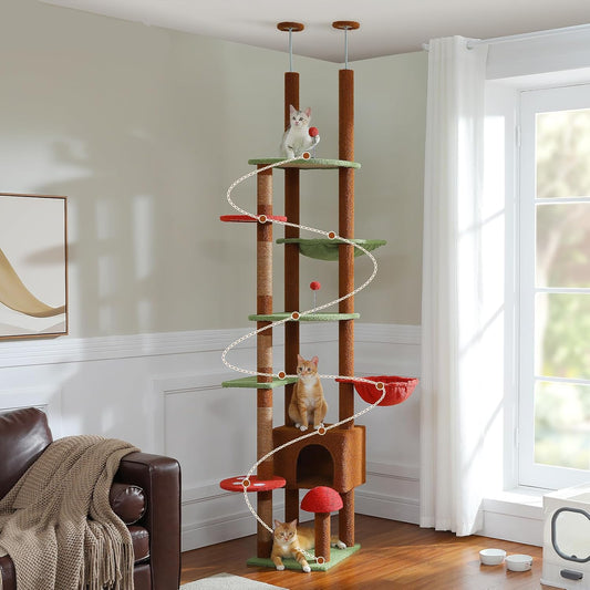 Catopia Co. Canada Floor to Celling mushroom themed Cat tree with multiple levels and perches in a room with a window and furniture.