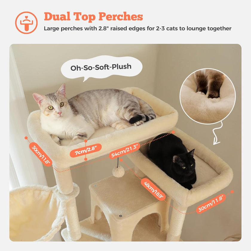 Cat tree with dual top perches for two cats, featuring measurements and plush texture details.