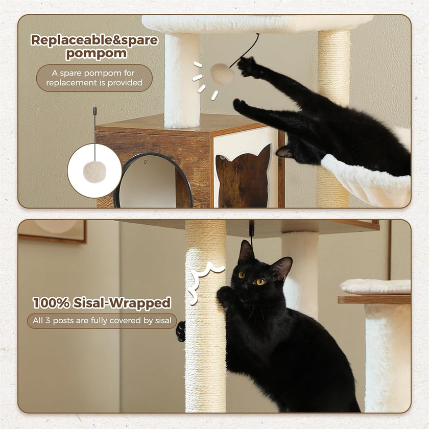 Cat playing with a wooden cat tree with sisal-wrapped posts and a replaceable pom-pom.