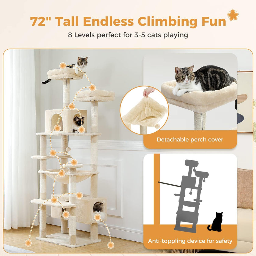 Cat climbing tree with multiple levels and a detachable perch cover, suitable for 3-5 cats.