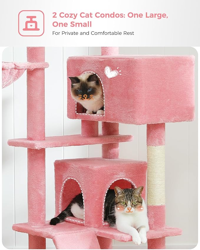 Two cozy cat condos in one modern pink cat tree – one large, one small – designed for private and comfortable cat lounging. From Catopia Co., a Canadian local business shipping within Canada only
