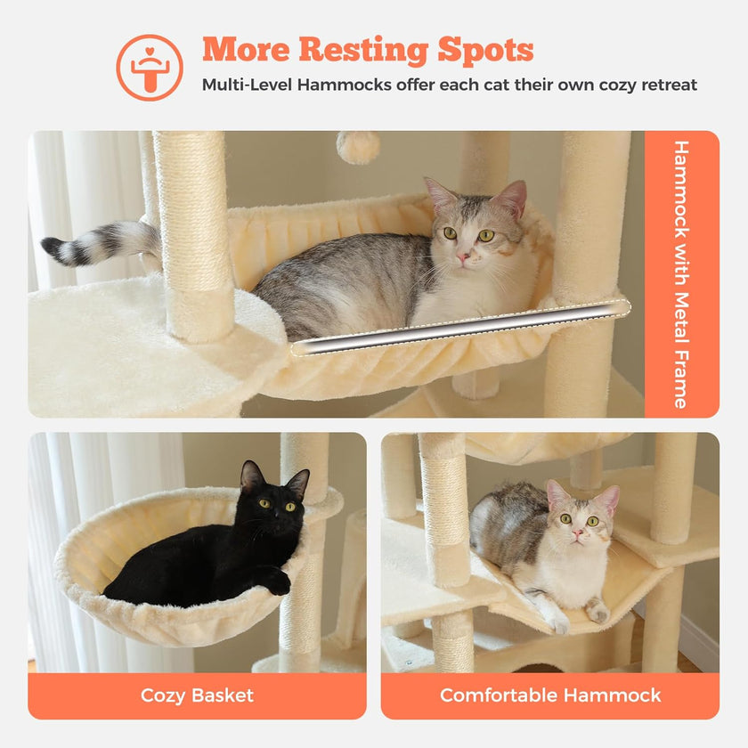 Cat tree with multiple levels featuring cats on a white background