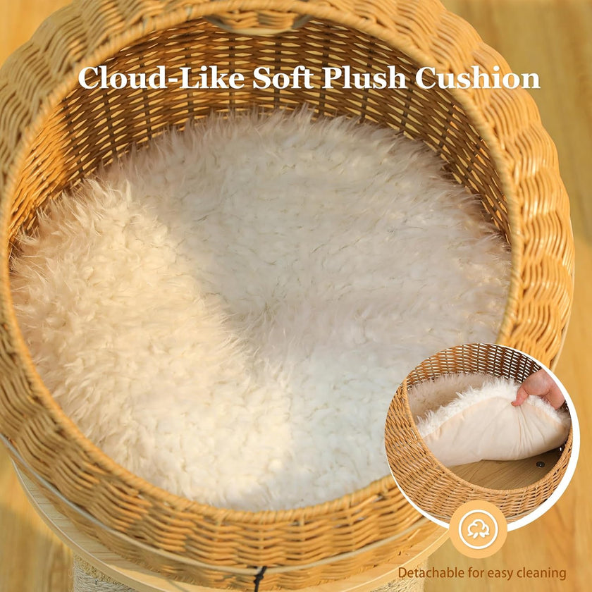 Cloud-like soft plush cushion in a wicker basket with detachable cleaning feature.