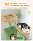 Two cozy cats lounging atop the dual top beds of a modern green cat tree by Catopia Co., a Canadian local business that ships only within Canada. This stylish cat tower features plush perches and textured scratch posts, perfect for a multi-cat household seeking luxury cat furniture with elevated comfort.