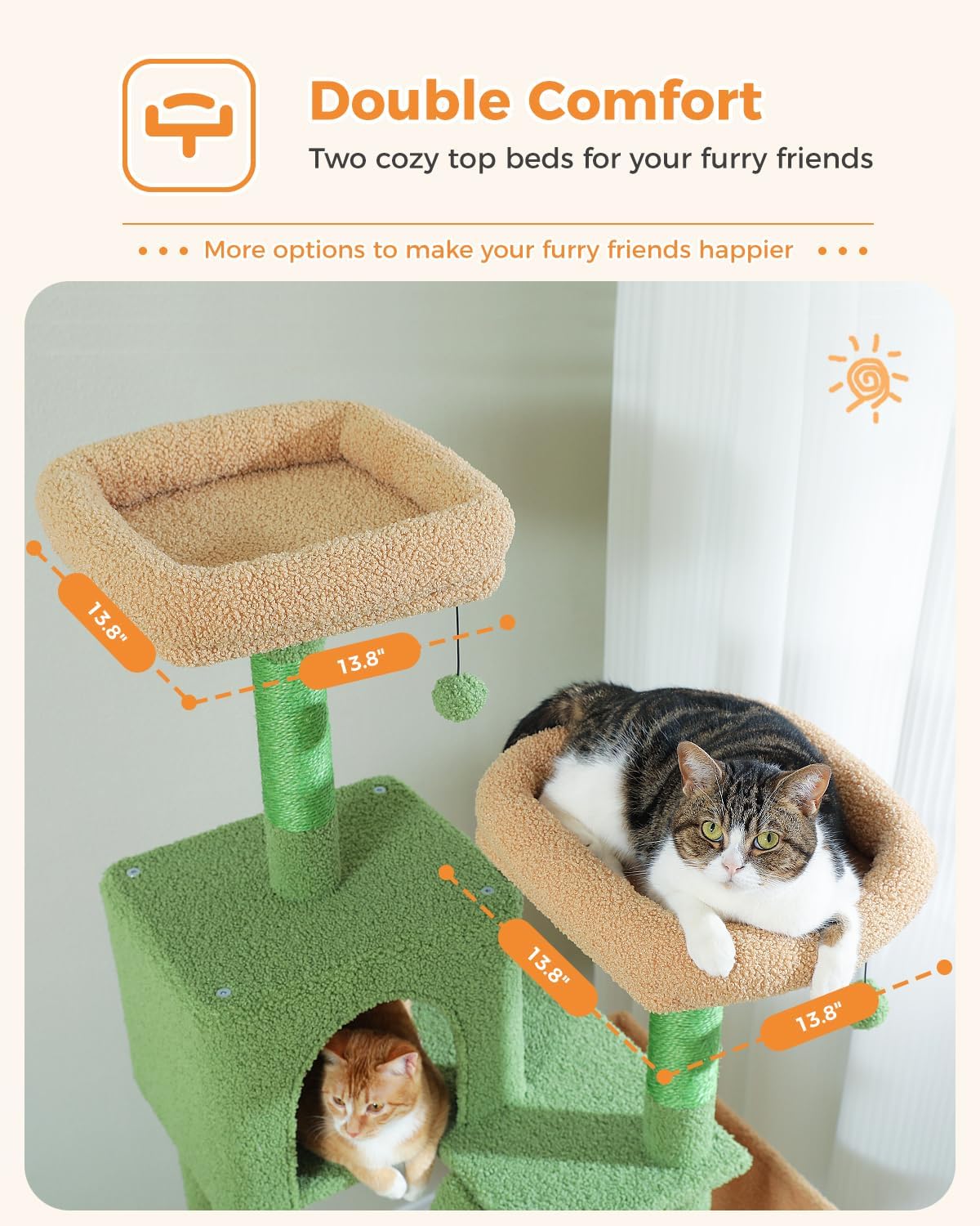Two cozy cats lounging atop the dual top beds of a modern green cat tree by Catopia Co., a Canadian local business that ships only within Canada. This stylish cat tower features plush perches and textured scratch posts, perfect for a multi-cat household seeking luxury cat furniture with elevated comfort.