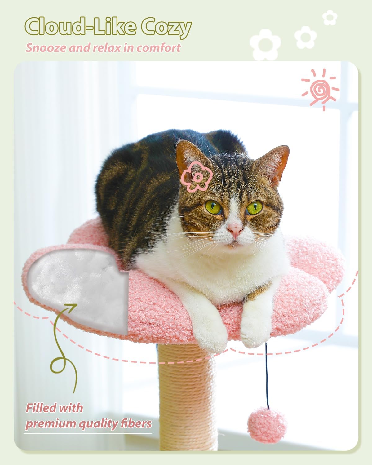 Cat sitting on a pink cushion with text about cloud-like coziness and premium fibers.