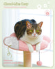Cat sitting on a pink cushion with text about cloud-like coziness and premium fibers.