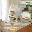 Cat tree with two cats inside, labeled '100% Stability Increased' and '23.6 inches in diameter & triangular design'. White Christmas themed holiday cat tree by Catopia Co. Canada