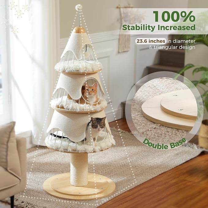 Cat tree with two cats inside, labeled '100% Stability Increased' and '23.6 inches in diameter & triangular design'. White Christmas themed holiday cat tree by Catopia Co. Canada
