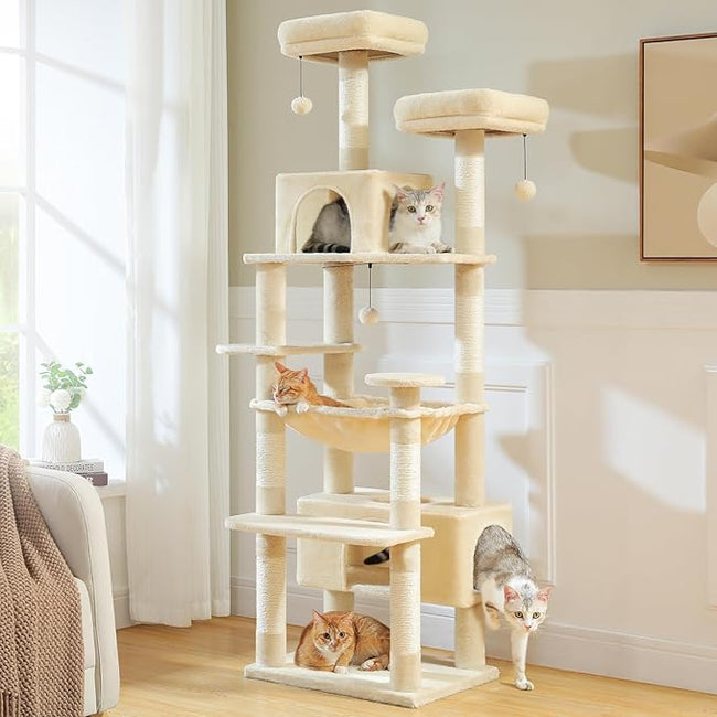 183cm Multi-Level Flower Cat Tree Large Cat Tower with Steel Frame Hammock and 7 Scratching Posts - Beige