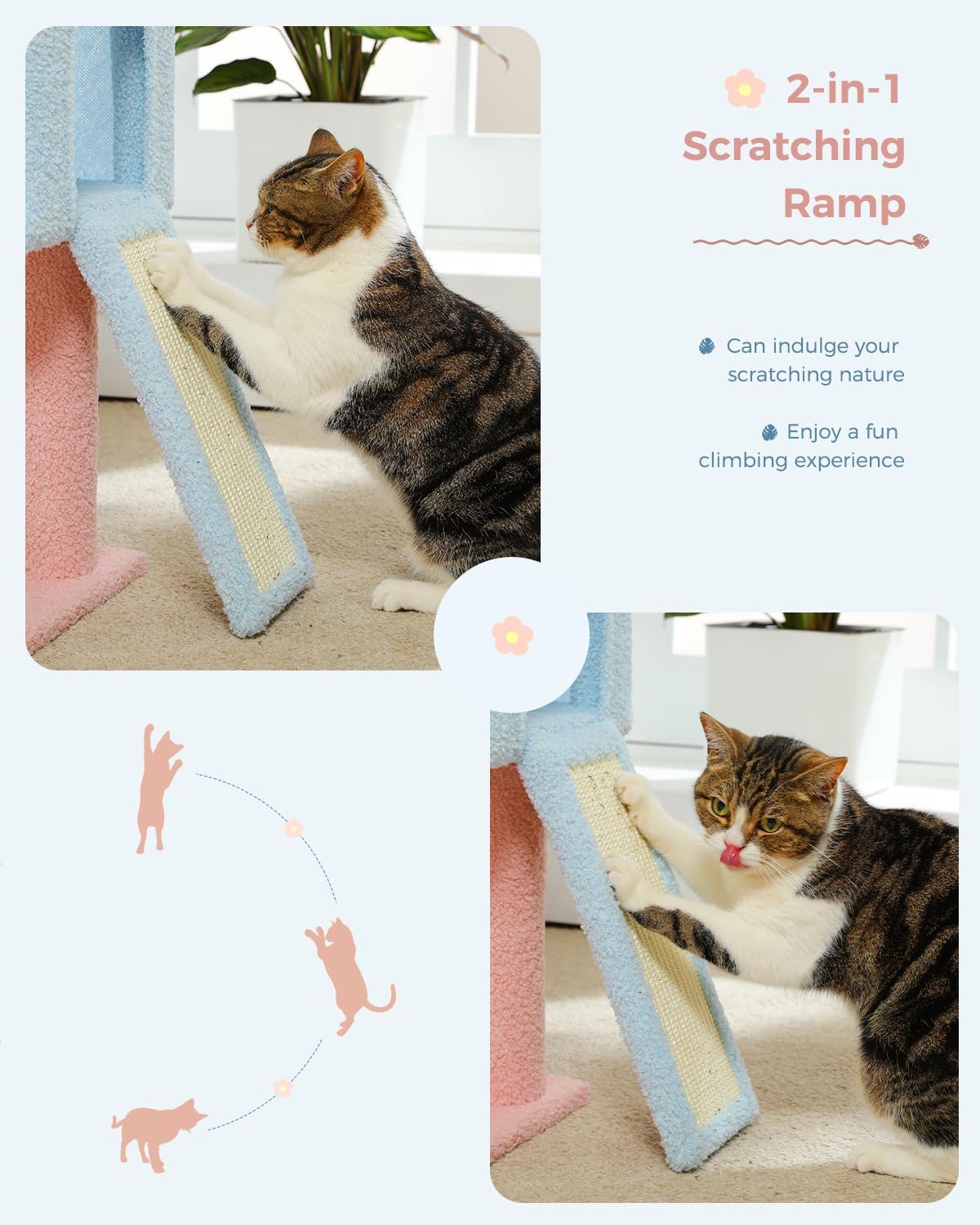 Detailed size chart of Catopia Co.’s pastel flower-shaped cat tree. This luxury cat tower stands 120cm tall, offering multi-level platforms, a hammock, a flower perch, and a 3-door cat condo—designed for small spaces and modern Canadian homes.
