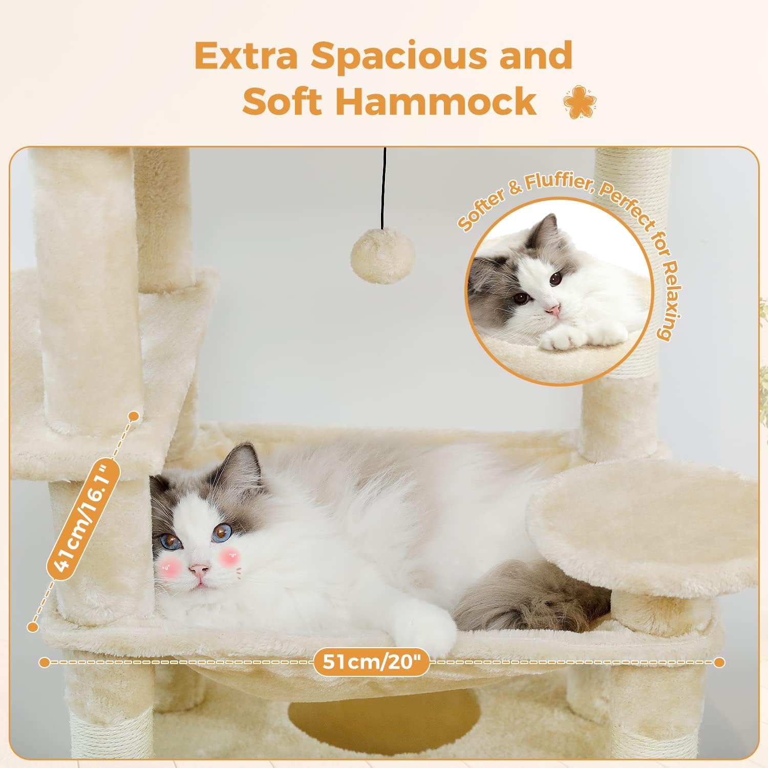 183cm Multi-Level Flower Cat Tree Large Cat Tower with Steel Frame Hammock and 7 Scratching Posts - Beige