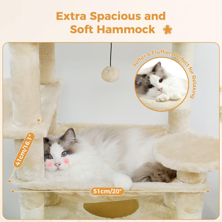 Cat lounging on a soft hammock with measurements and text indicating its spaciousness.