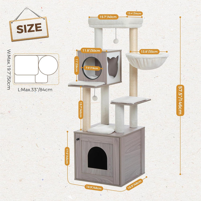Full dimension breakdown of Catopia Co.’s tall cat condo tower—measuring 146cm high and ideal for compact living spaces across Canada.