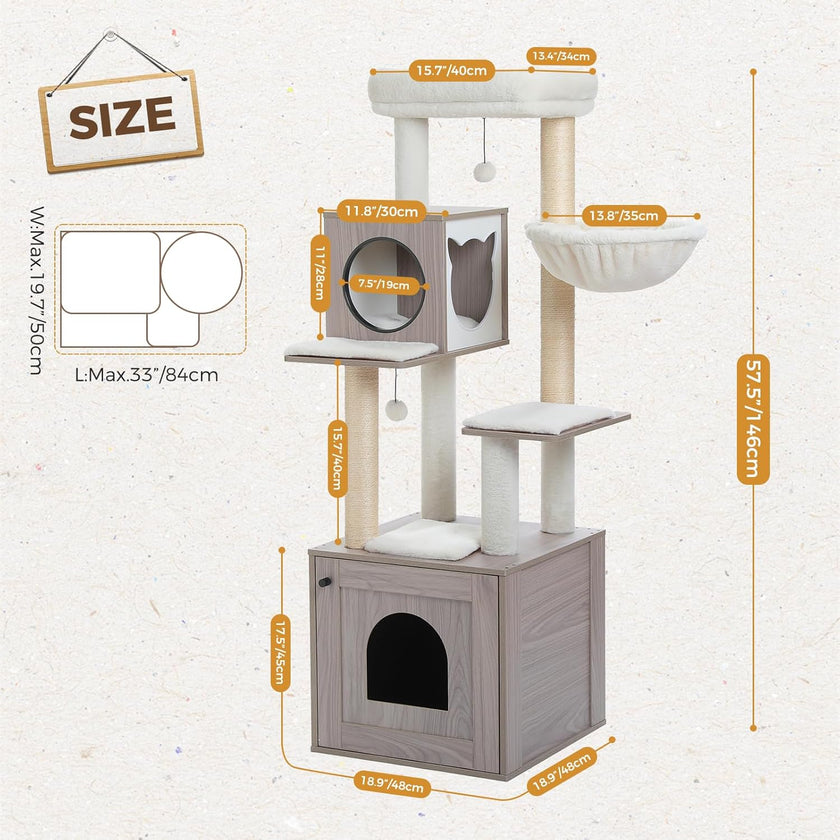 Cat tree with cat litter box including dimensions on a white background