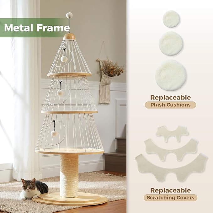 Cat tree with metal frame and replaceable plush cushions in a home setting. White Christmas themed holiday cat tree setting
