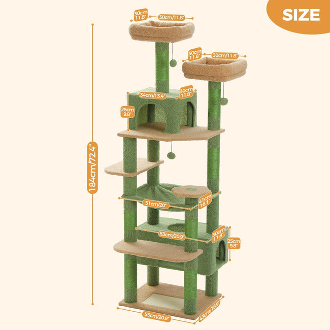 183cm Multi-Level Flower Cat Tree Large Cat Tower with Steel Frame Hammock and 7 Scratching Posts - Green