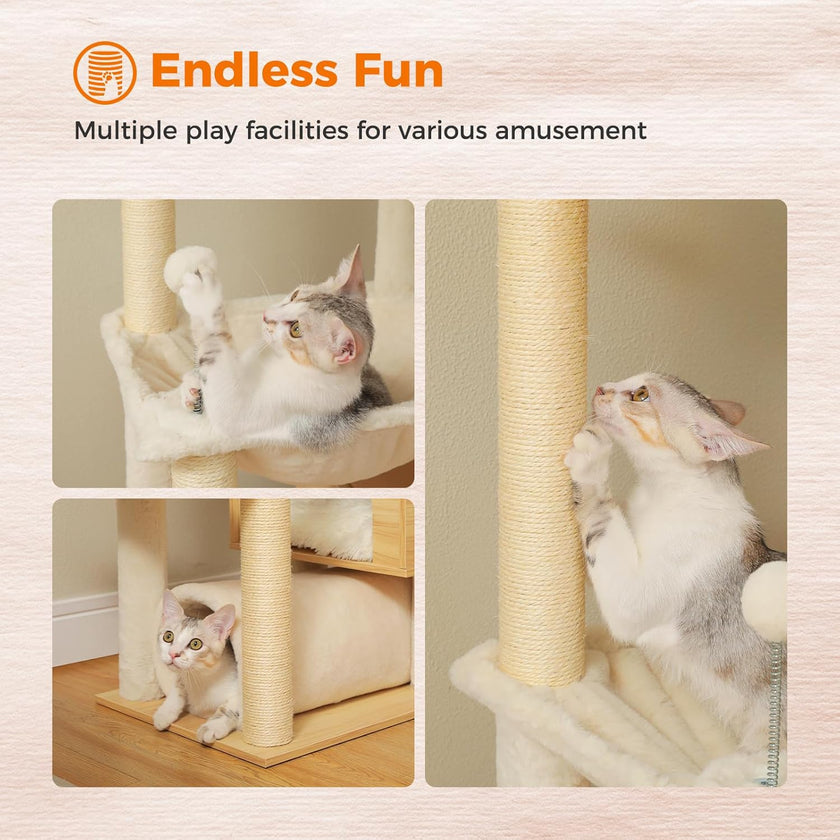 Cat playing on a multi-level cat tree with 'Endless Fun' text above.