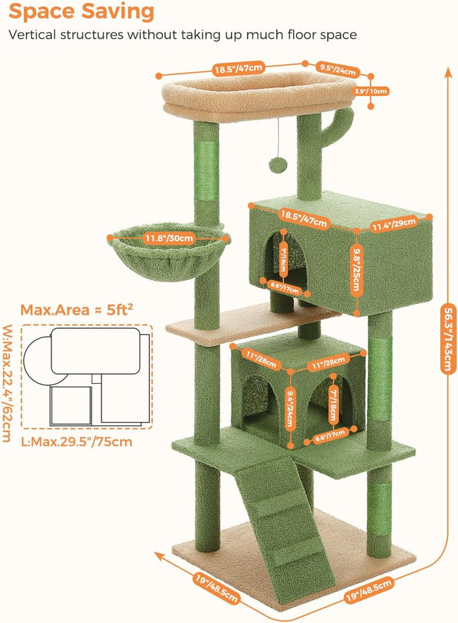 143cm Tall Cactus Cat Tree for Large Cats Adult with Large Top Perch with Plush Hammock - Green