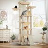 Luxury multi-level cat tower by Catopia Co., designed for elegant Canadian interiors, with soft beige platforms, spacious condos, and cozy hammocks for active indoor cats.