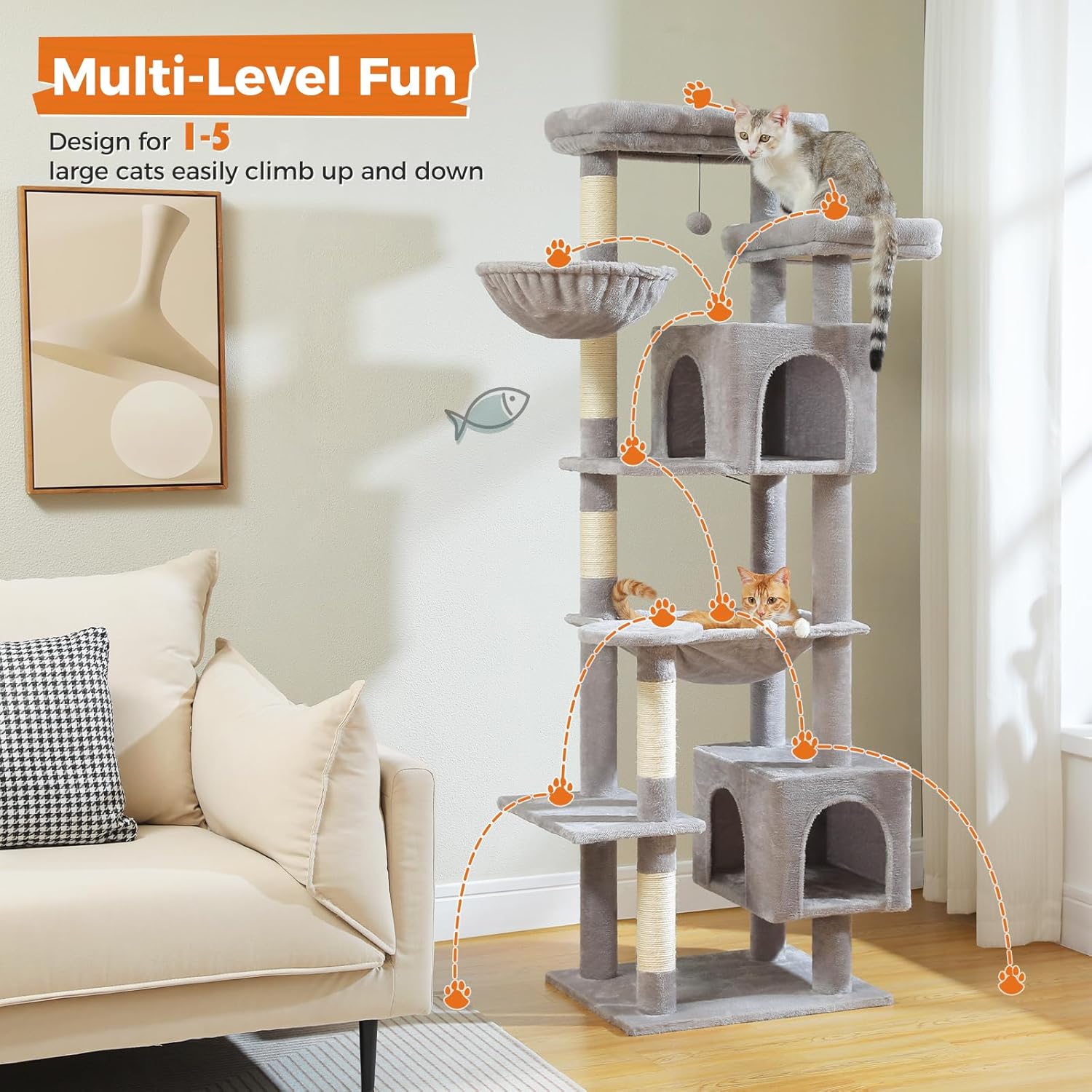 Multi-level grey cat tree by Catopia Co. for 1–5 cats, with dynamic climbing paths and cozy lounging areas. Great for cool cat trees in Canada. Canadian local business, ships only within Canada. Keywords: cool cat trees, cat trees and towers, luxury cat furniture.
