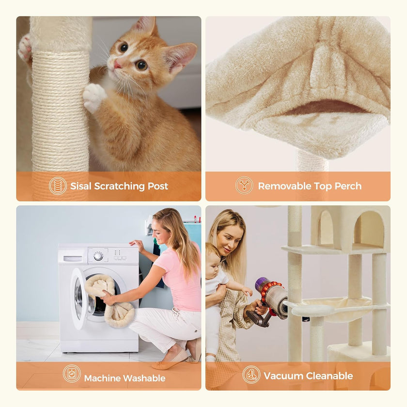 Collage of a cat using a scratching post, close-up of a top perch, a woman washing a blanket, and a vacuum cleaning a cat tree.