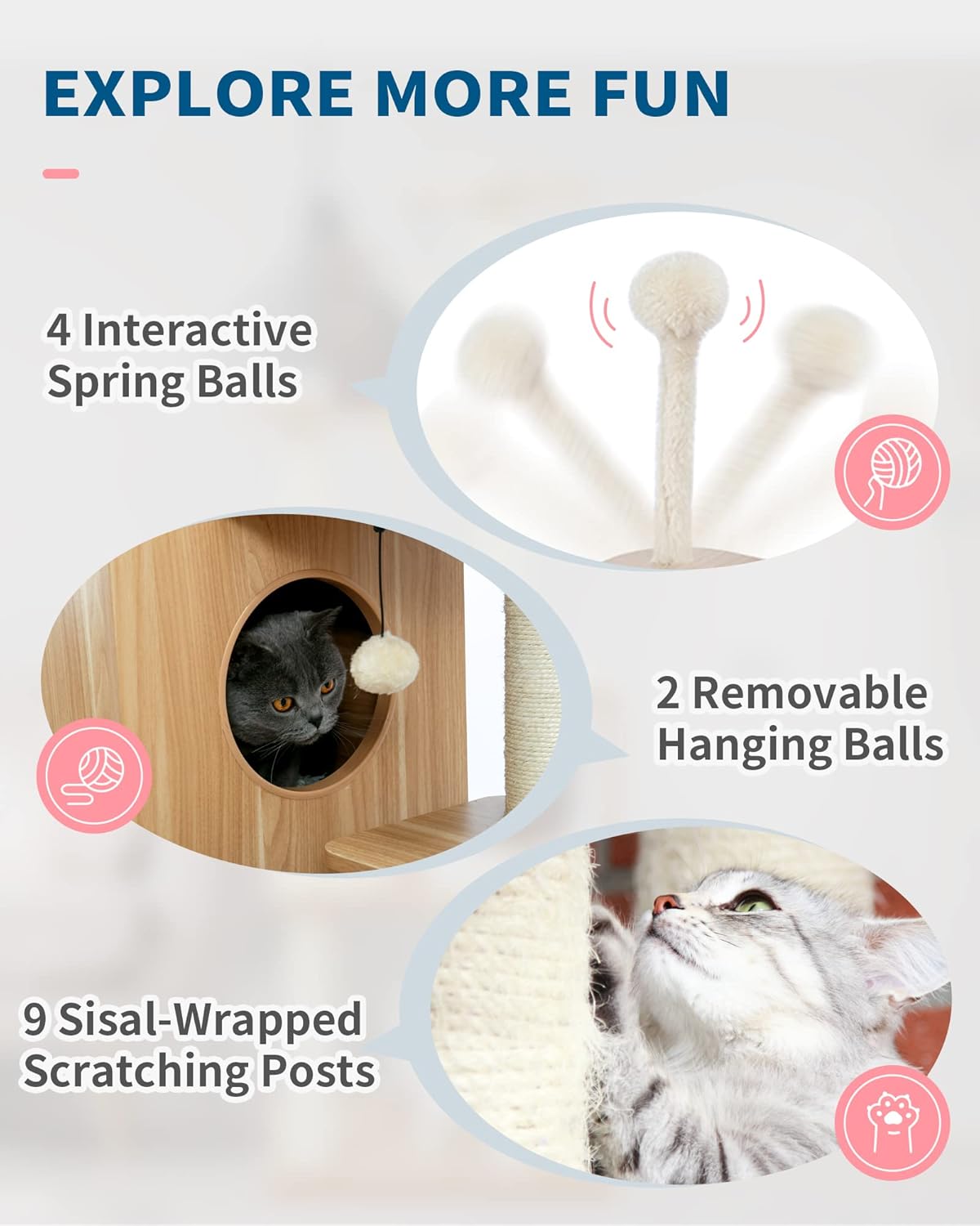 Cat play structure with interactive elements and text on a light gray background