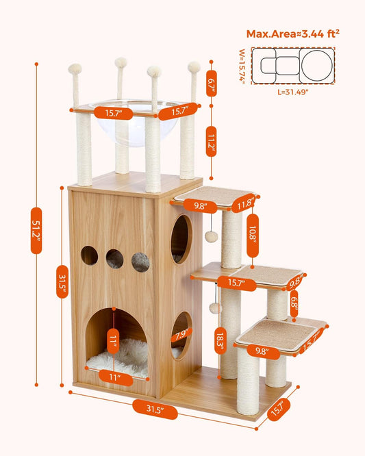 Catopia Co. Wooden cat tree with measurements on a white background
