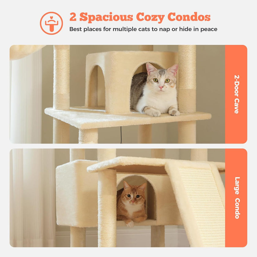 Cat tree with two spacious cozy condos for cats to rest, featuring a gray and white cat and an orange and white cat.