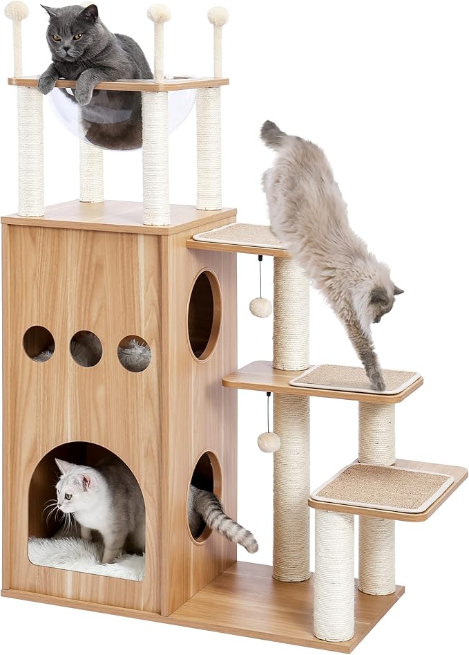 Catopia Co. Wooden cat tree with multiple levels and a cat climbing on it.