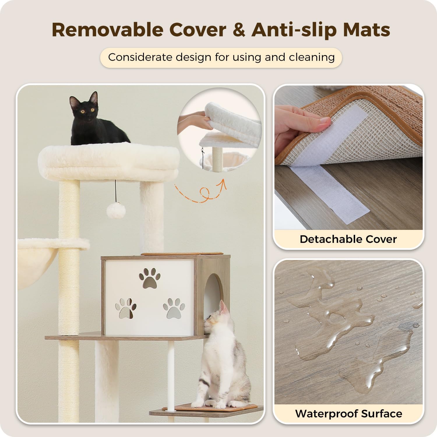 Catopia Co. Canada Cat tree with removable cover and anti-slip mats, showing a cat using the tree and close-up details.