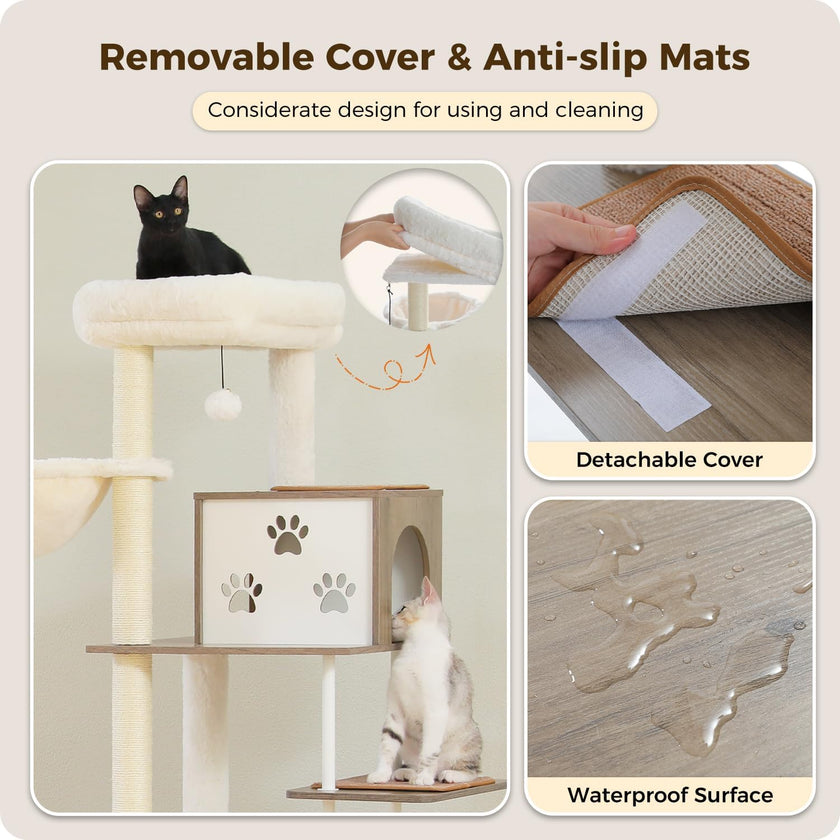 Cat tree with removable cover and anti-slip mats, showing a cat using the tree and close-up details.