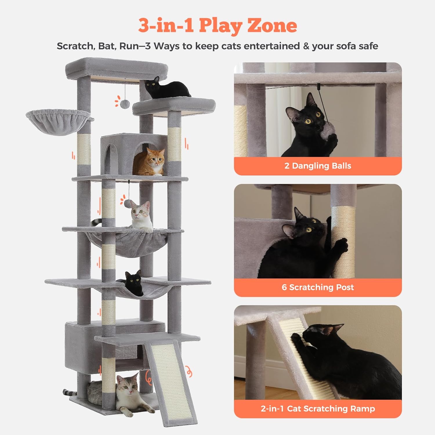 Modern cat tree with scratching ramp, sisal posts, and hanging toys for active indoor cats