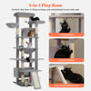 Modern cat tree with scratching ramp, sisal posts, and hanging toys for active indoor cats