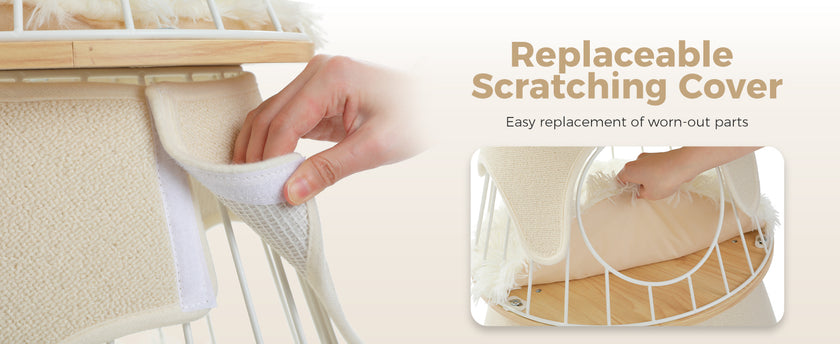 Product with replaceable scratching cover and text indicating easy replacement of worn-out parts. 