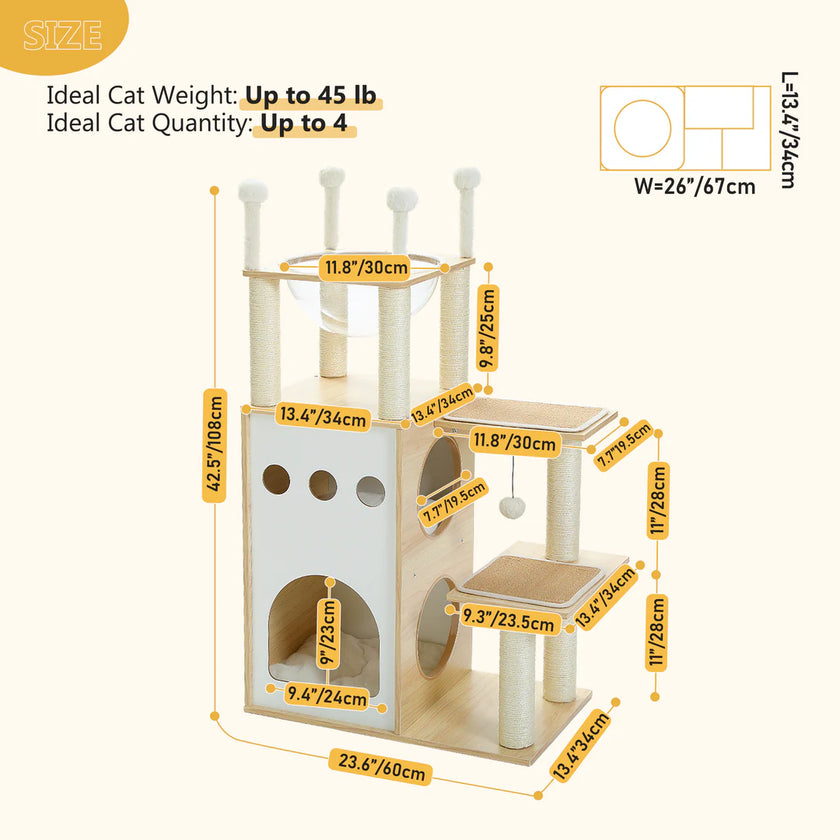 Cat tree with dimensions and specifications on a white background