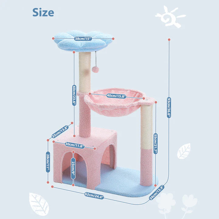 Measurement chart of a pink cat tree with dimensions labeled on a light blue background.
