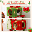 Two red and green gift-box cat condos with multiple entry openings, removable bow decorations, and a Christmas tree scratching pad